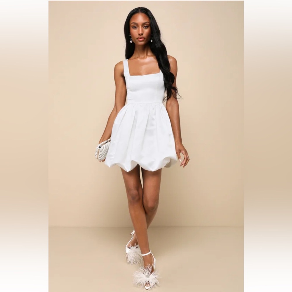 Regal Cutie White Satin Square Neck
Bubble-Hem Mini. LuLu’s no longer has this💕